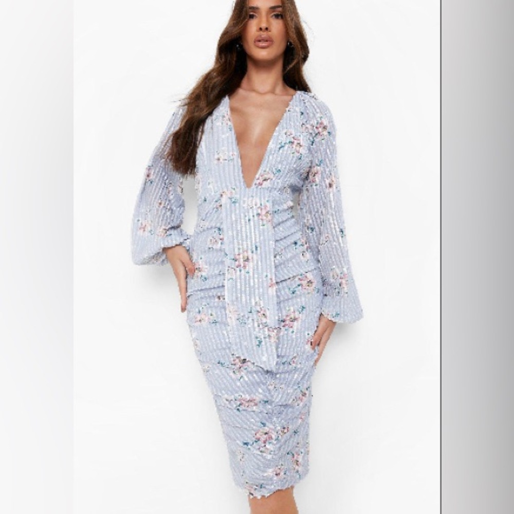 LEAVES TODAY-MAKE OFFER: Boohoo Floral Sequin Puff Sleeve Midi Dress